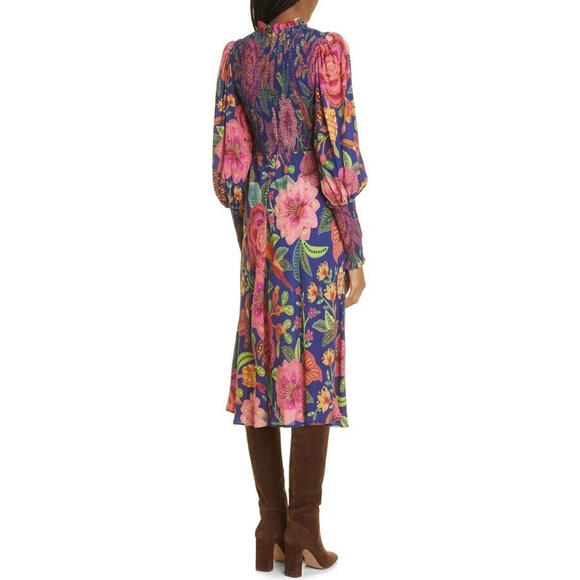 NEW, FARM Rio Macaw Bloom Floral Smocked Mock Neck Dress size L #MD1050 - Picture 3 of 7